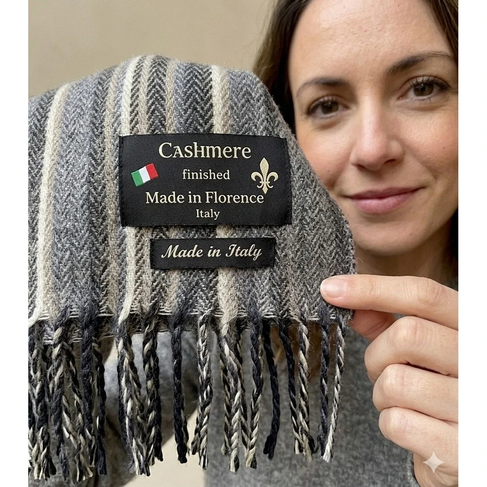Cashmere Finished Striped Winter Scarf Fringe  Grey White Made‎ in ItalyUnisex